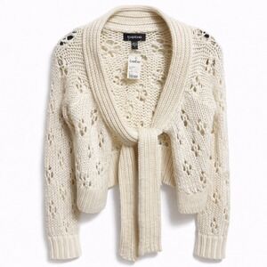 Bebe Woman's Medium Chunky Open Knit Wool Blend Cropped Tie Front Cardigan NWT